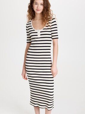 Ganni Ribbed Black and Cream Striped Dress Size L